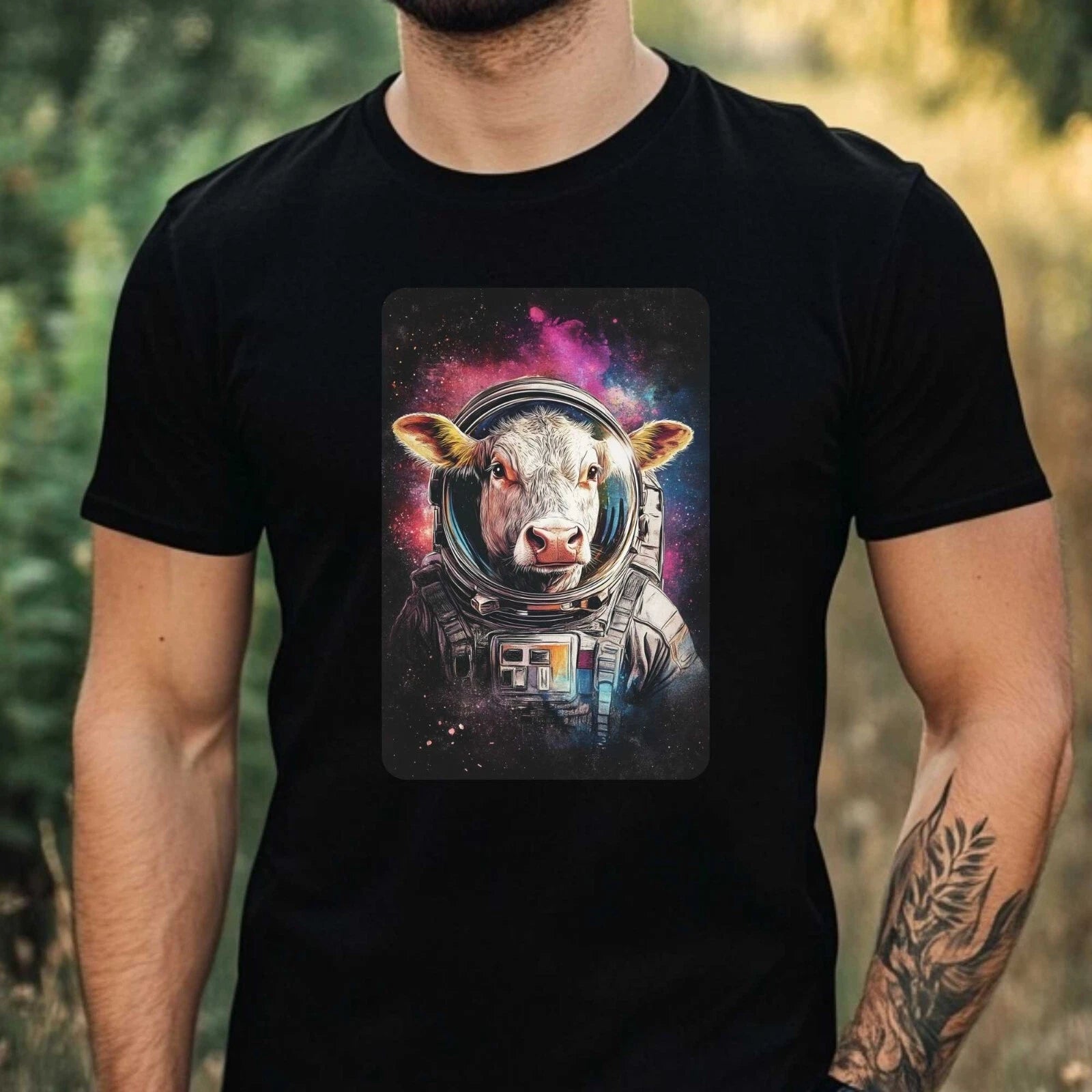 Mens Cow as Astronaut Motif Cotton T-Shirt Size XS to 5XL