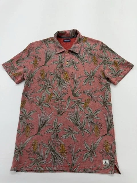 Jack & Jones Men's Rust Red Floral Polo Shirt Size L Regular