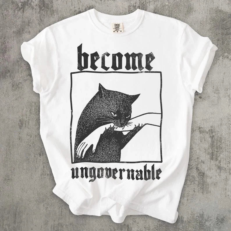 Become Ungovernable Cat Meme Shirt Biting Hand Funny Rebel Graphic Tee