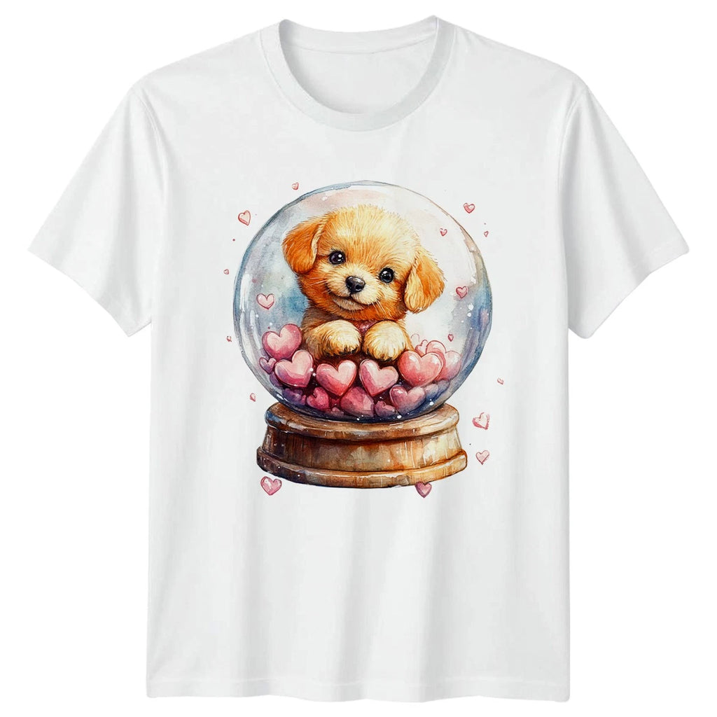 Puppy In Snow Globe Hearts Womens T-Shirt Mens Tee Graphic Unisex Top