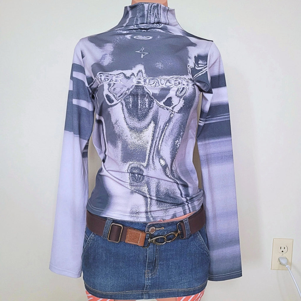 BLR Vintage Y2K Graphic Print Mock Neck Semi-Polet Shirt (M)
