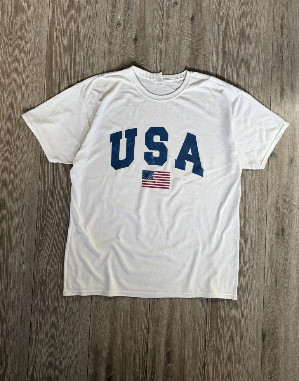 Vintage Y2K USA American Flag T Shirt Men’s Size L-XL Distressed White Spell Out