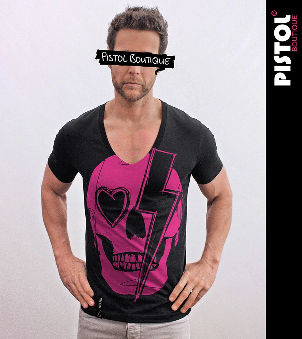 Pistol Boutique Mens Fitted Black Deep V neck BOWIE LIGHTNING BOLT SKULL T-shirt