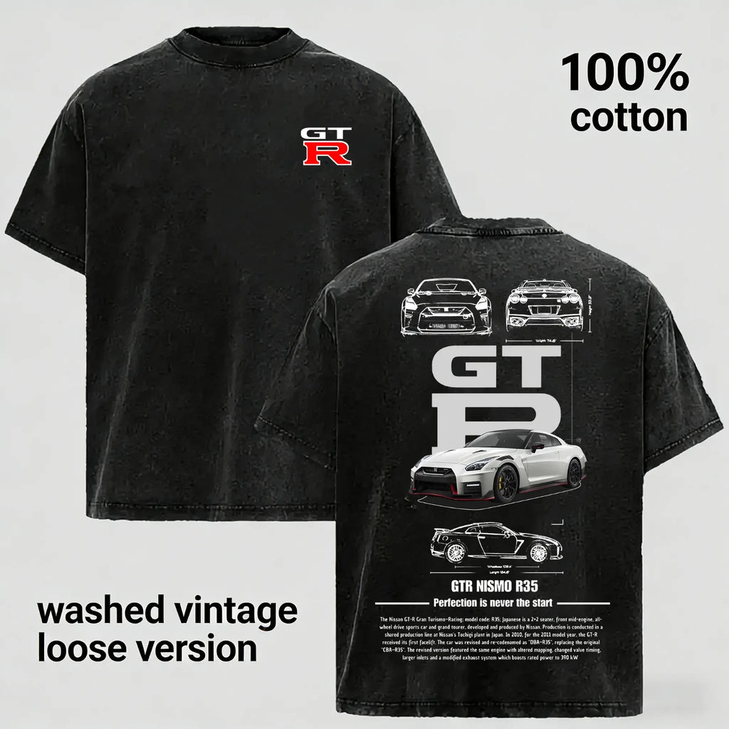 Unisex Vintage Street Style Graphic Gtr R35 T-Shirt, Comfortable Cotton Wash Tee