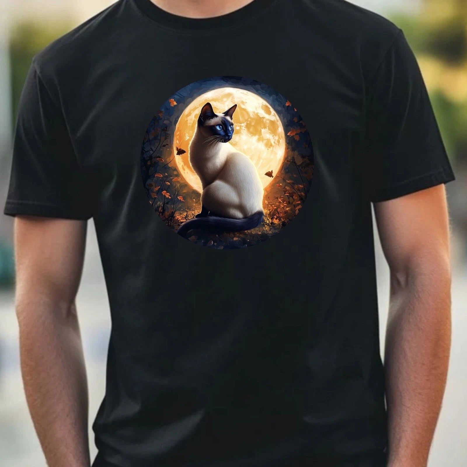 Mens Siamese Cat Full Moon Motif Cotton T-Shirt Size XS to 5XL
