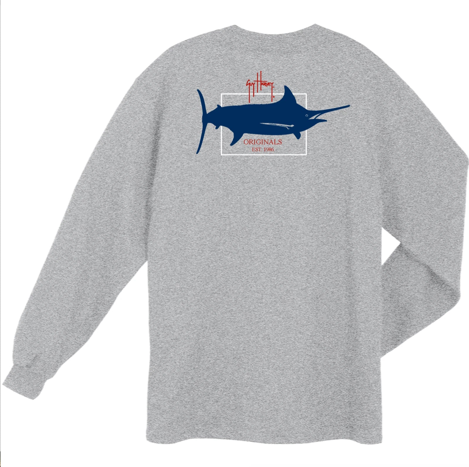 Guy Harvey Logo L/S Fishing Boat T-shirt..Pick Size Athletic Heather..S-2X..New