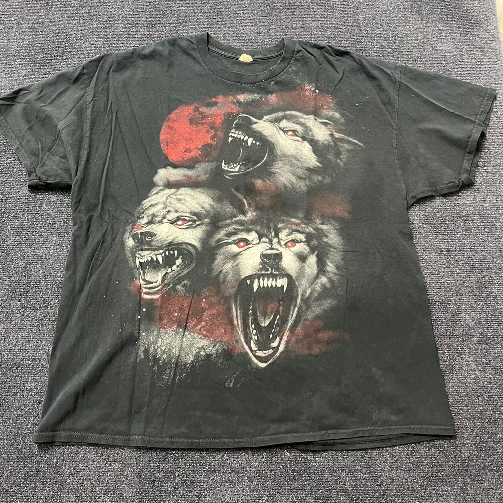 Vintage Y2K Red Moon Howling Wolves Graphic Tee Mens 2XL Black Gothic Horror