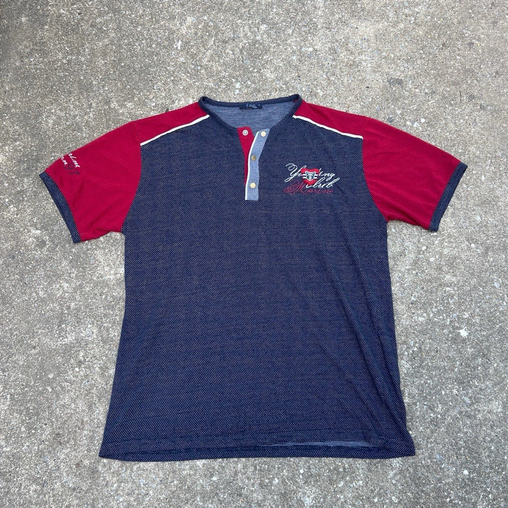 RARE VTG early 00s Y2K red and navy Henley t-shirt with embroidery