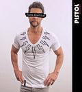Pistol Boutique Men's Fitted White Deep V neck SKETCH LIGHTNING BOLTS T-shirt