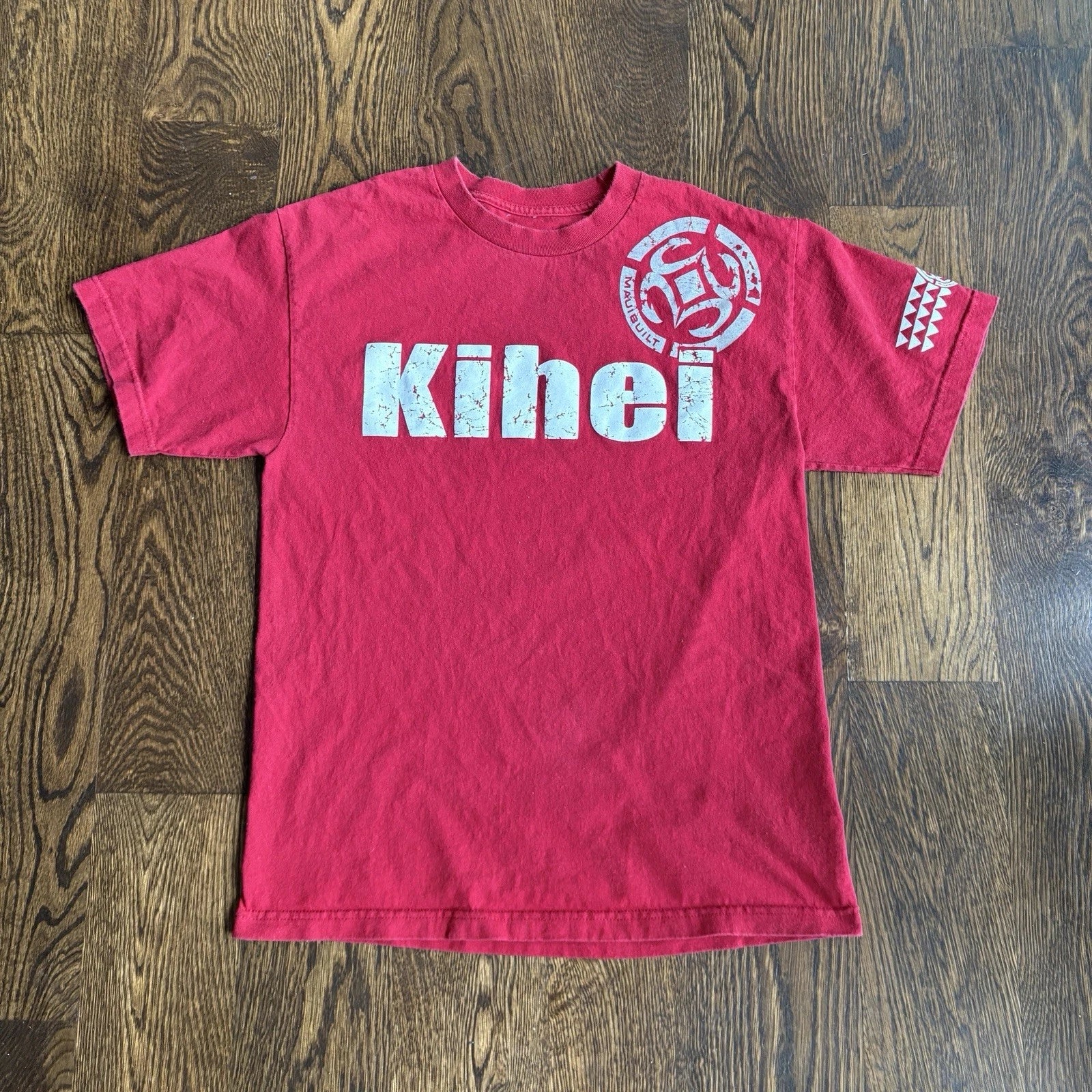 VTG Maui Built Hawaii Shirt Mens S Red Kihei Tribal Spellout Graphic Surf Tee