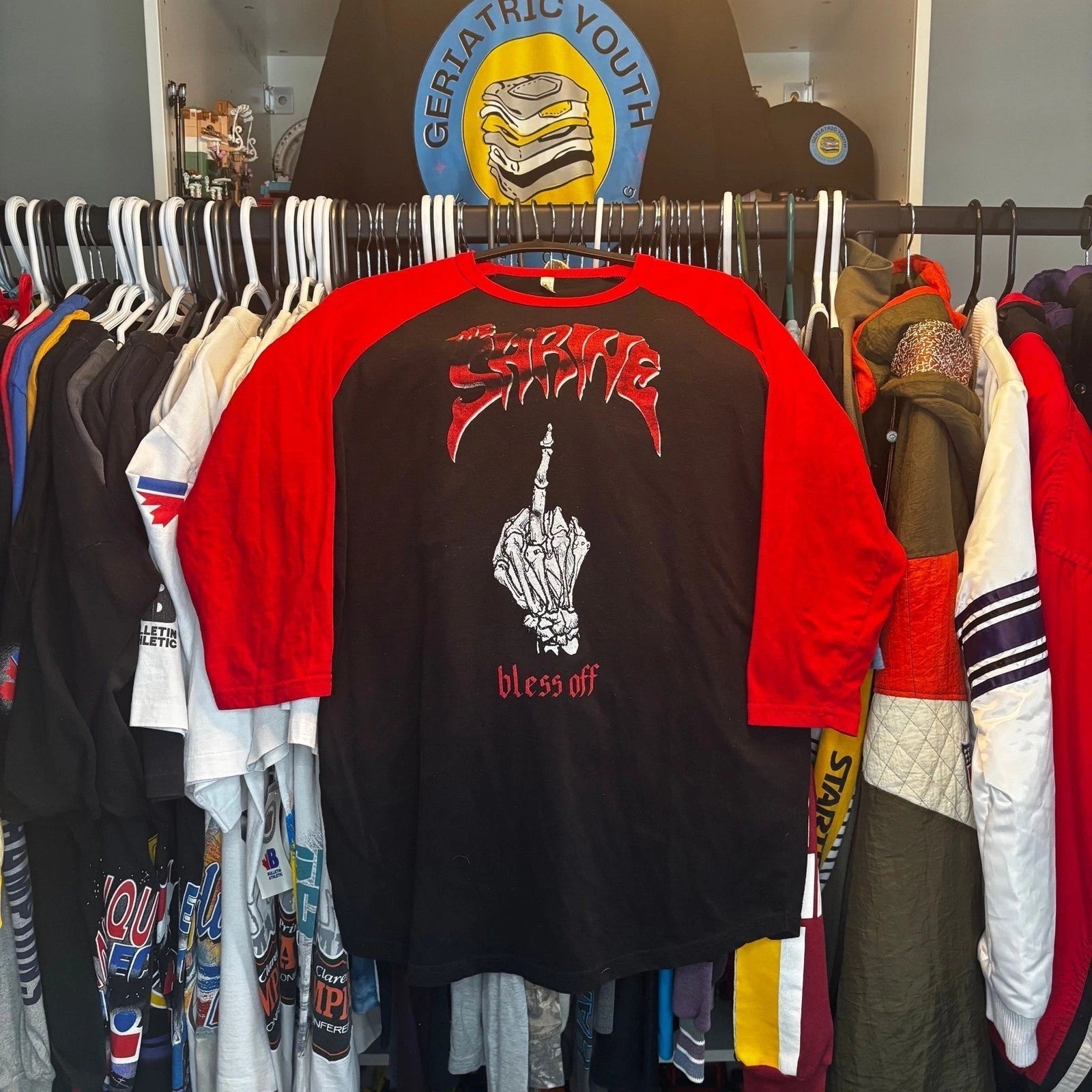 The Shrine Bless Off Raglan 3/4 Sleeve Shirt Large Black Red Hardcore Punk Tee