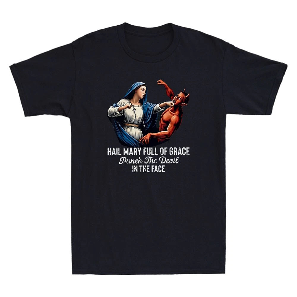 Hail Mary Full of Grace Punch the Devil Funny Meme Christian Retro Men's T-Shirt