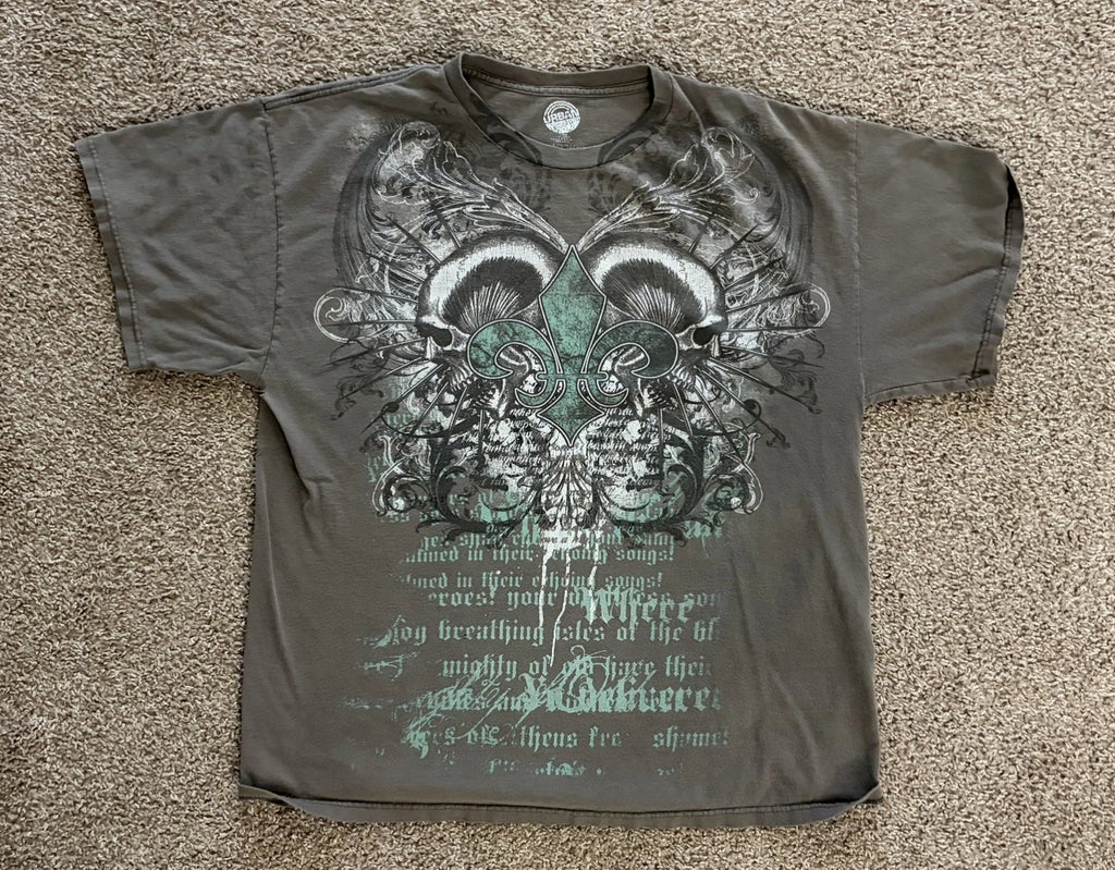 Urban Legends Skull Wings Graphic T-Shirt Faded Black Mens Large Distressed Y2K