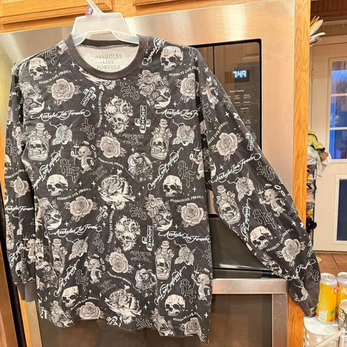 A-Holes Live Forever AOP Long Sleeve Grunge Shirt Mens Size Large Skater Goth
