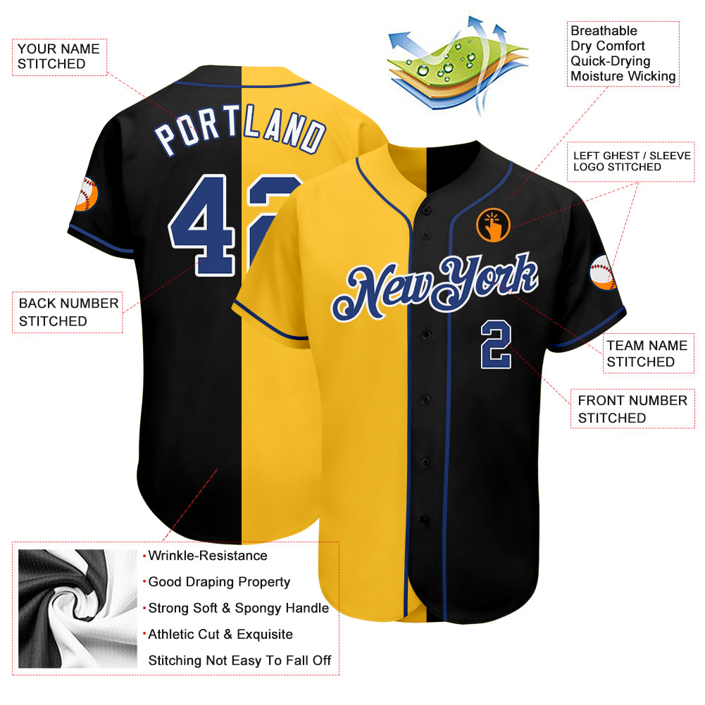 Custom Black Royal-Yellow Authentic Split Fashion Baseball Jersey