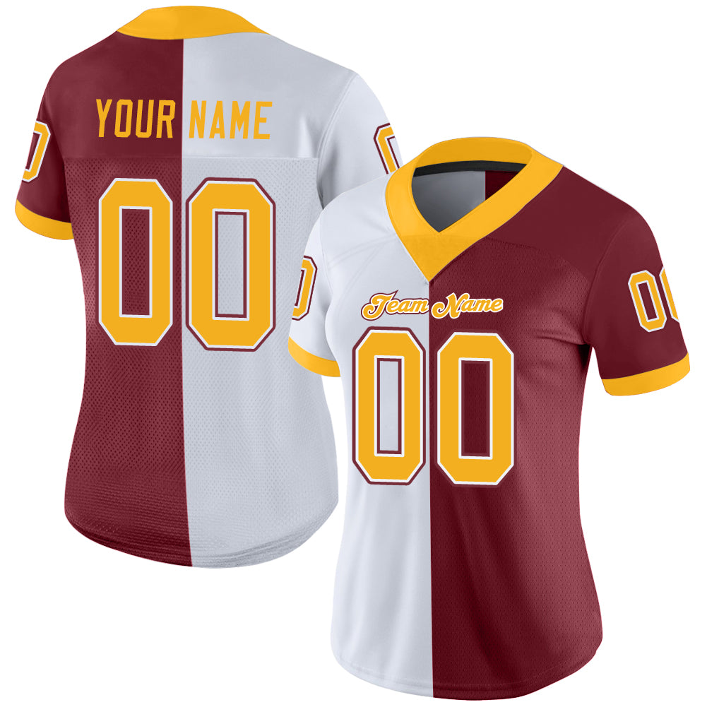 Custom Burgundy Gold-White Split Fashion Football Jersey