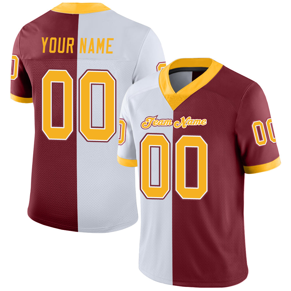Custom Burgundy Gold-White Split Fashion Football Jersey