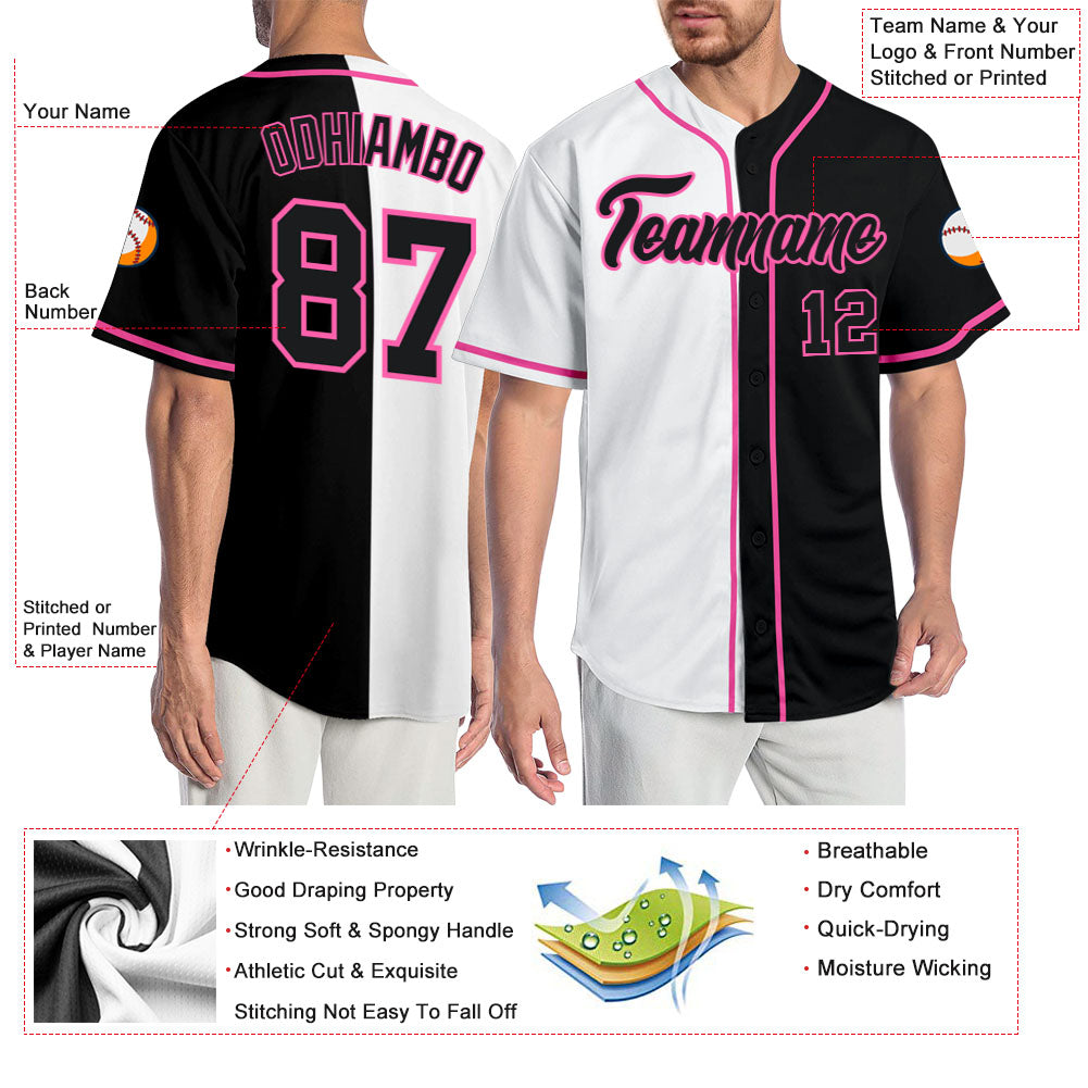 Custom White Black-Pink Authentic Split Fashion Baseball Jersey