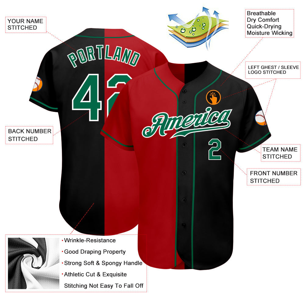 Custom Black Kelly Green-Red Authentic Split Fashion Baseball Jersey
