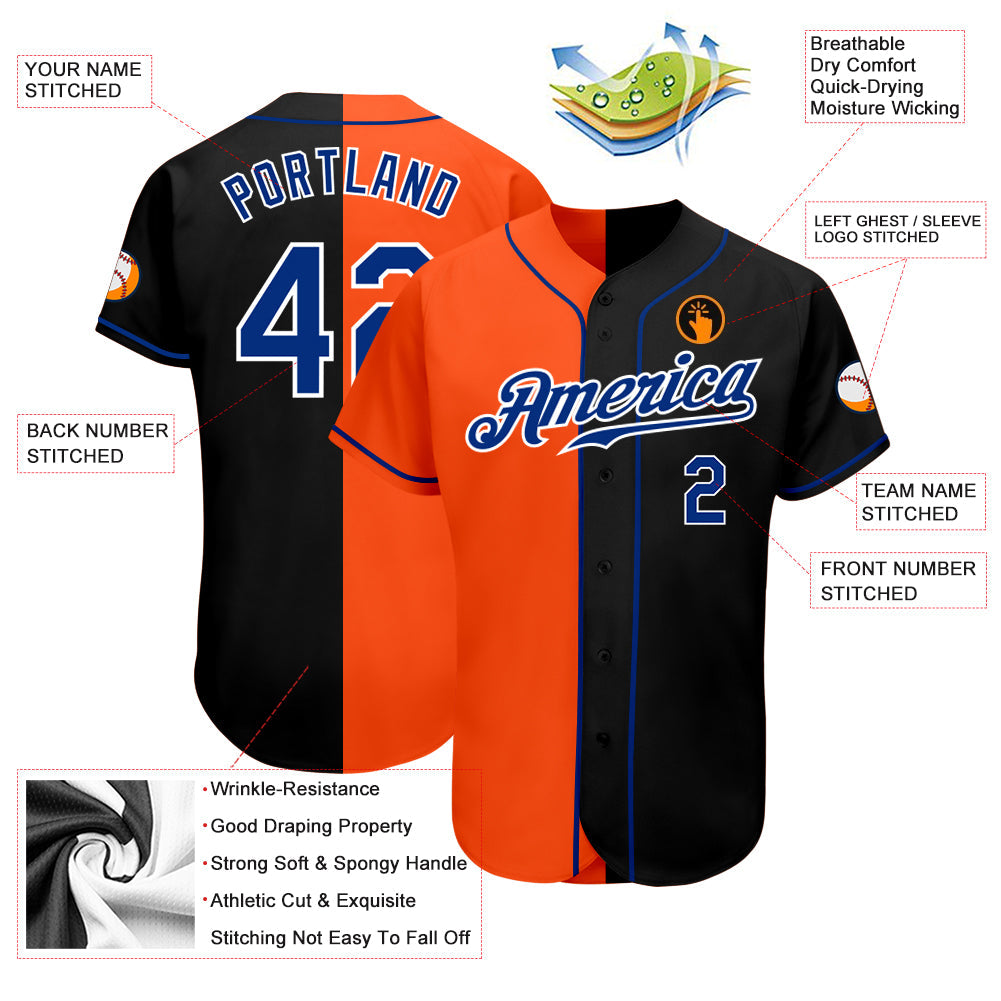 Custom Black Royal-Orange Authentic Split Fashion Baseball Jersey