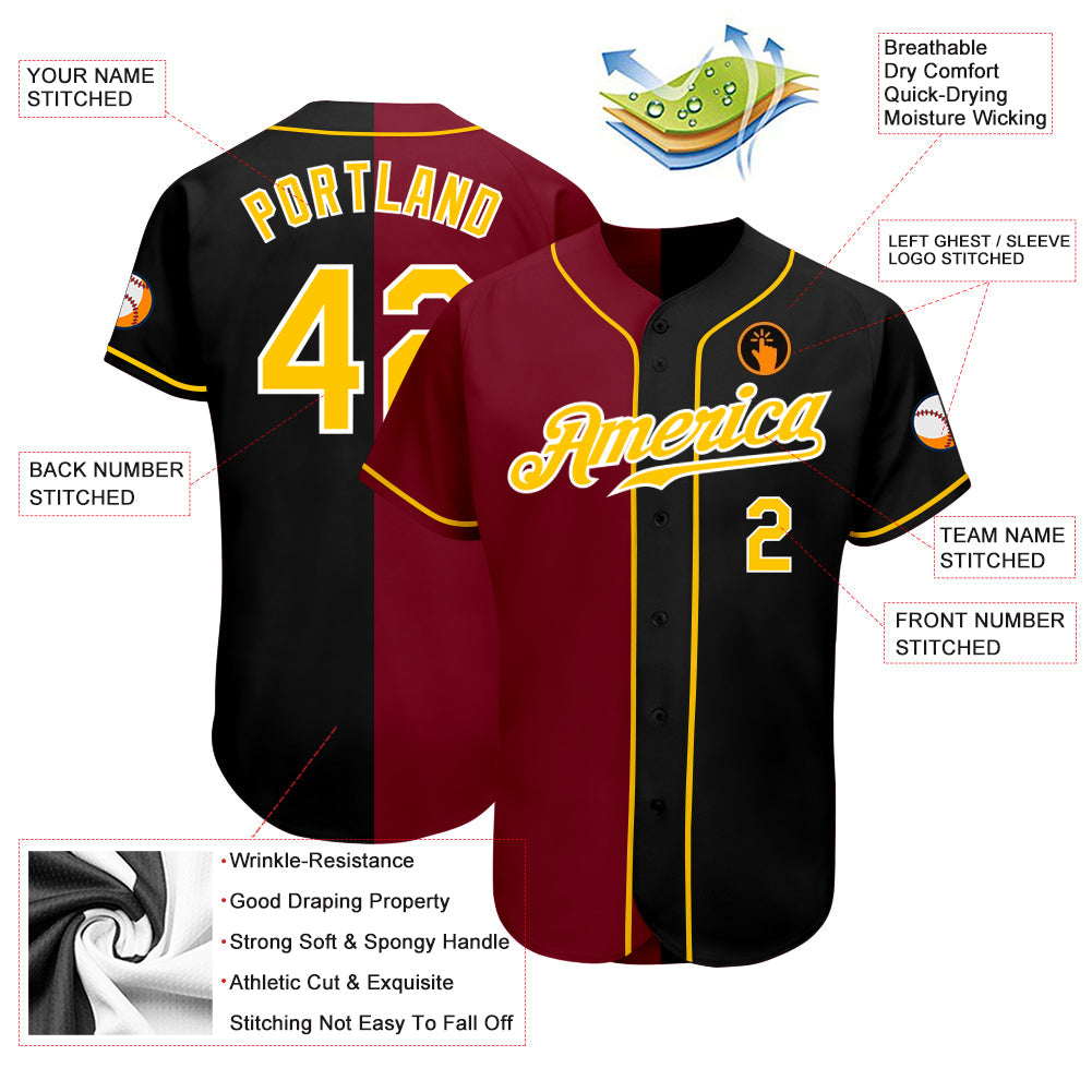 Custom Black Gold-Crimson Authentic Split Fashion Baseball Jersey