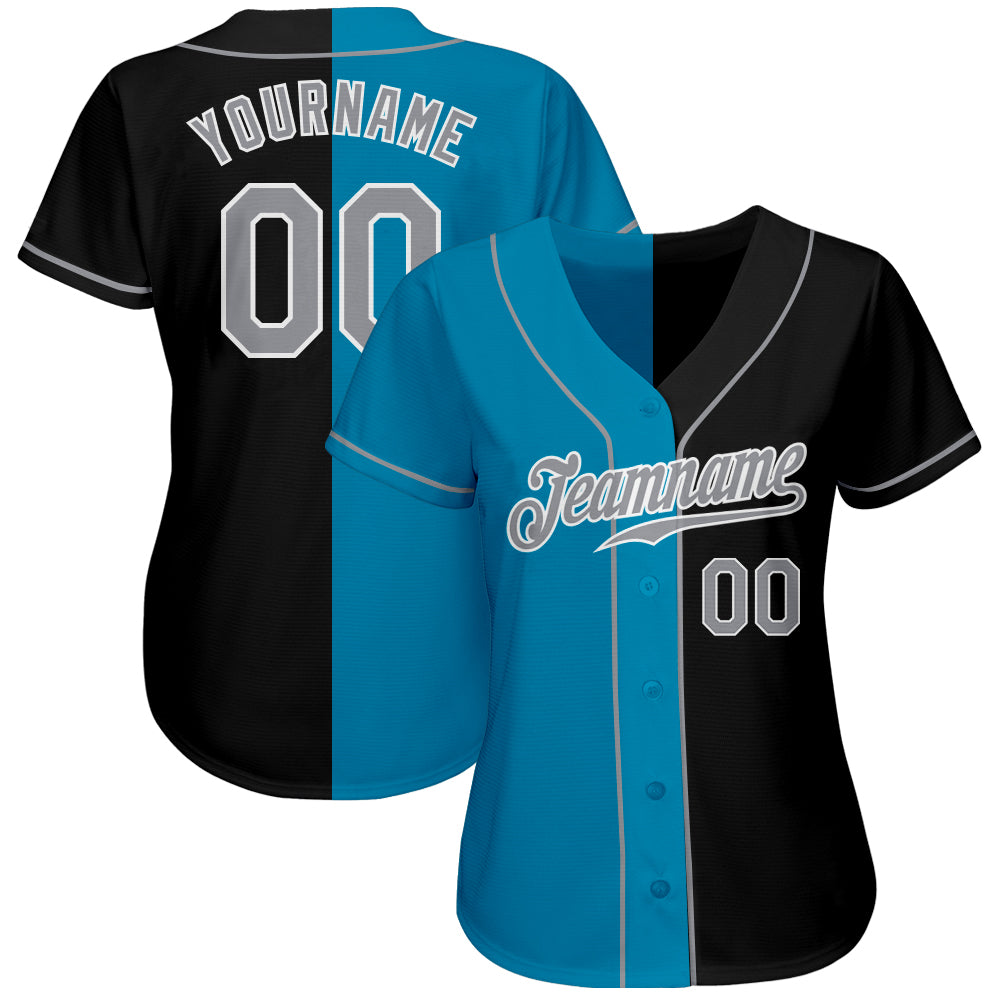 Custom Black Gray-Panther Blue Authentic Split Fashion Baseball Jersey