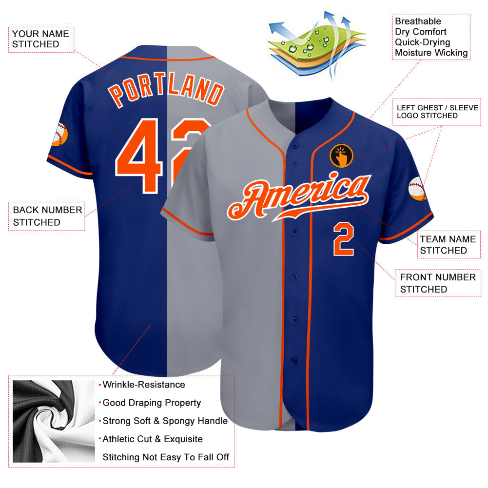 Custom Royal Orange-Gray Authentic Split Fashion Baseball Jersey