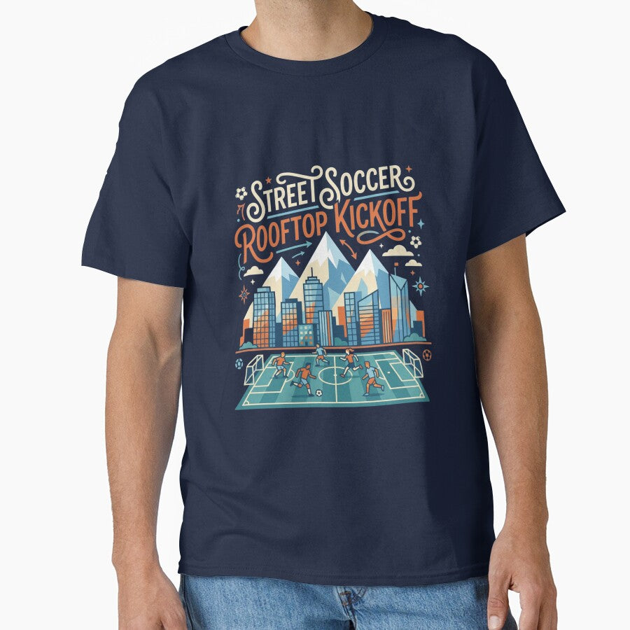 Street Soccer Rooftop Kickoff - Urban Mountain Cityscape Art by HappySproutArt
