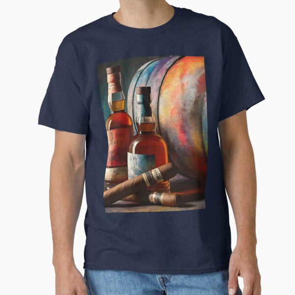 Whiskey Bottles and Cigars Beside Vividly Painted Barrel - Luxury and Indulgence in Rich Warm Hues Classic T-Shirt