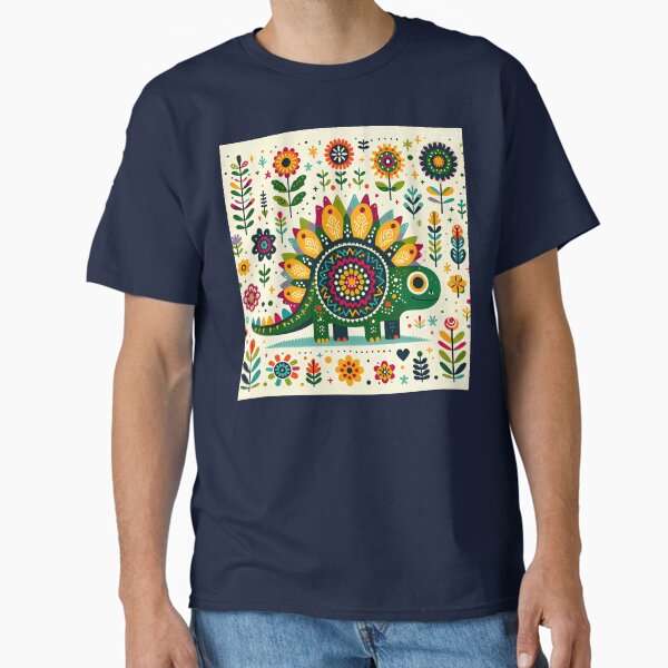 Cute Stegosaurus with Flowers - Scandinavian Folk Art by heidiannemorris © Classic T-Shirt