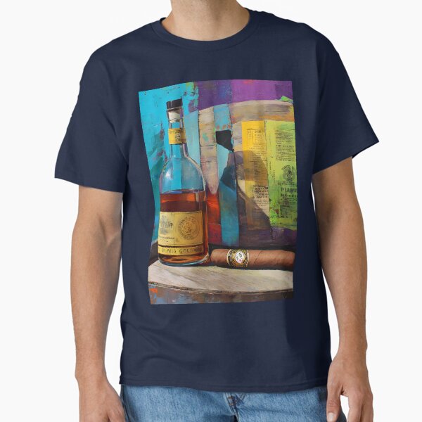 Whiskey and Cigar on Rustic Barrel - Vibrant Colors and Relaxed Ambiance in a Lively Artistic Scene Classic T-Shirt