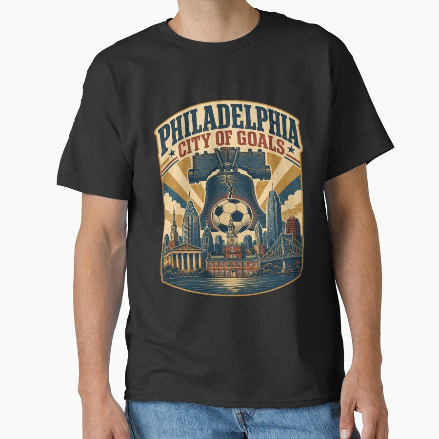 Philadelphia City of Goals Retro Soccer Travel Shirt | Liberty Bell Skyline Vintage Americana Philadelphia Fan Design by Globalcitytees