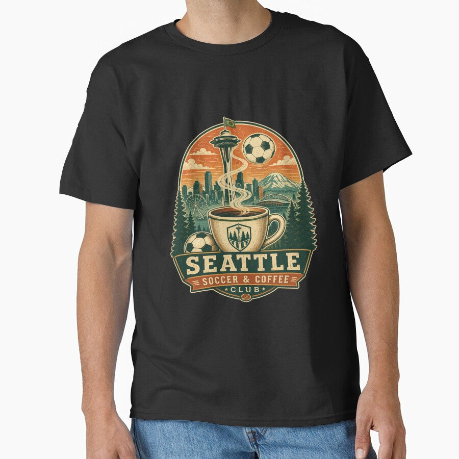 Seattle Soccer & Coffee Club Retro Travel Shirt | Space Needle Coffee Soccer Ball Seattle by Globalcitytees