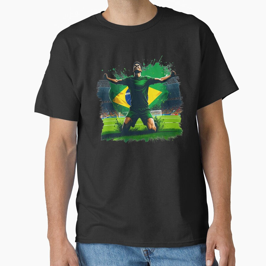 Brazil Soccer Player Celebration. Brazilian flag football fan kneeling goal celebration on the pitch. Brazil supporter design for soccer lovers, football fans, players and team spirit gifts. by icemanphotos