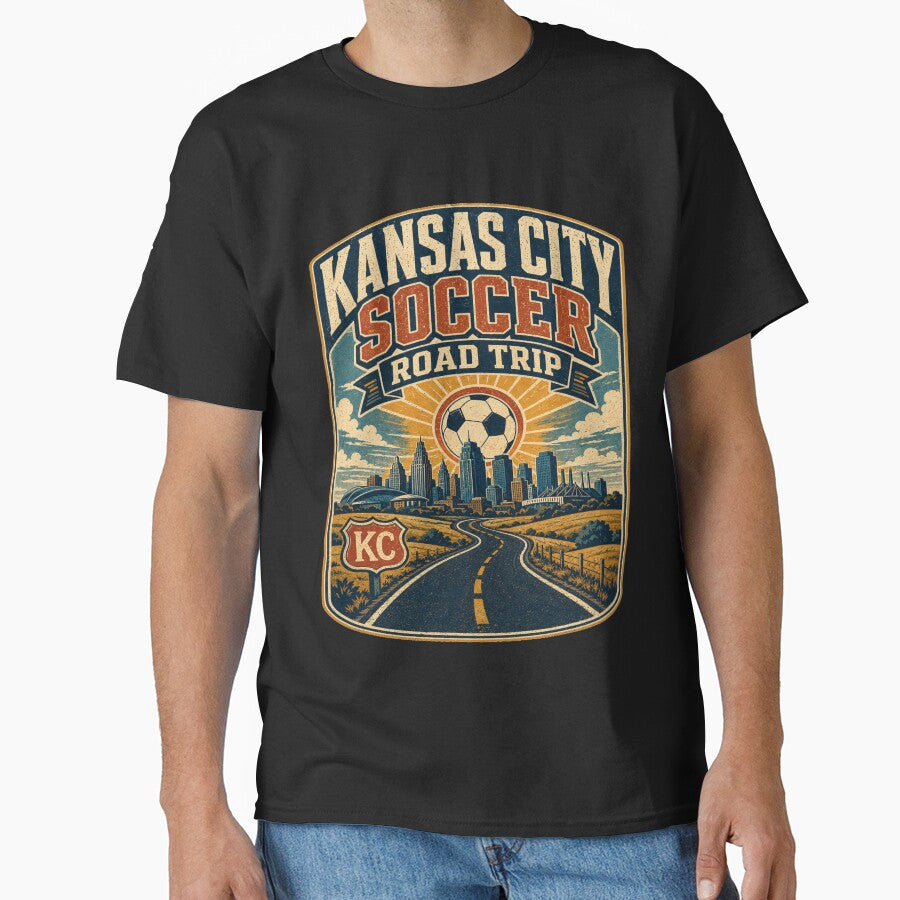 Kansas City Soccer Road Trip Retro Travel Shirt | Vintage Highway Skyline Football Fan Design by Globalcitytees