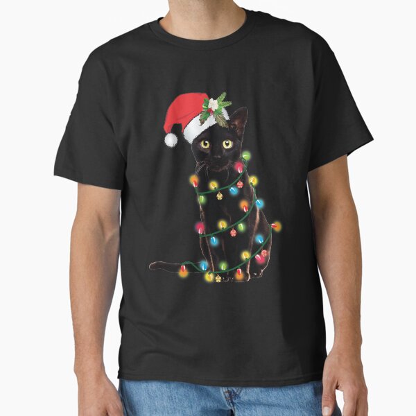 Santa Black Cat Tangled Up In Christmas Tree Lights Holiday Classic T-Shirt