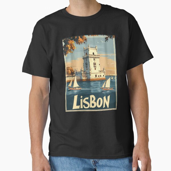 Wander along the tranquil waters of Lisbon, where vibrant sailboats glide past the iconic tower, bathed in golden sunset hues. Experience Classic T-Shirt
