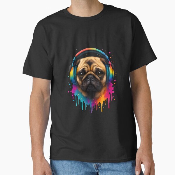 Funky Pug with Rainbow Headphones – Vibrant 3D Dog Art Classic T-Shirt