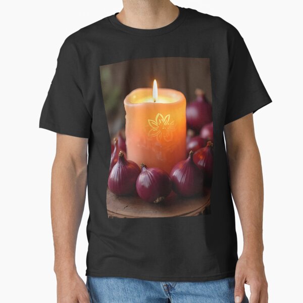 Burning candle with onions on rustic wood Classic T-Shirt