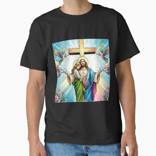 Superhero Jesus Christ with the cross in the clouds and birds,Angels,angel art,divine power,Superhero Classic T-Shirt