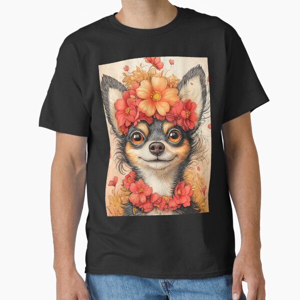 Animal Samurai Cheerful Chihuahua Flower Crown Autumn Blooms Classic T-Shirt