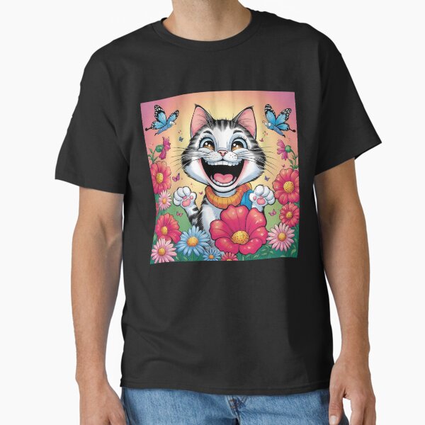Laughing cat with many flowers Classic T-Shirt