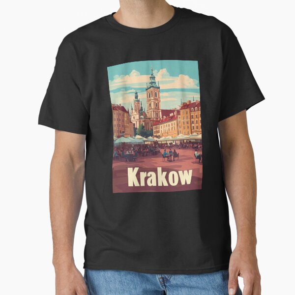 People enjoy their time at outdoor tables in Krakows market square, surrounded by elegant historic architecture on a sunny day. The lively Classic T-Shirt
