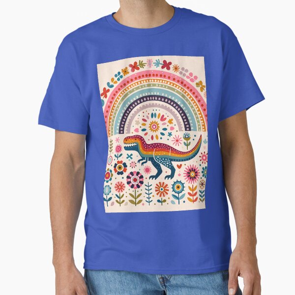 Cute Tyrannosaurus Rex Dinosaur with Rainbow and Flowers - Scandinavian Folk Art by heidiannemorris Â© Classic T-Shirt