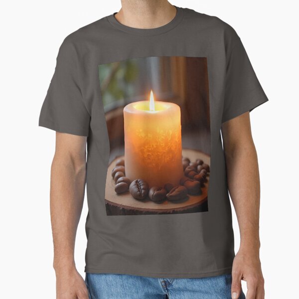 Burning candle with coffee beans on a rustic board Classic T-Shirt
