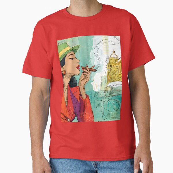 Channel Retro Glamour in Havana - Elegant Fashionable Woman Smoking Cigar and Vintage Street Style Classic T-Shirt