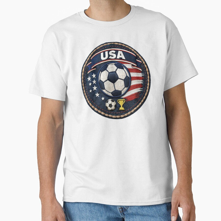 USA Soccer Patch Shirt | American Football Fan Tee | World Cup Style Embroidered Badge Design by Vibe District