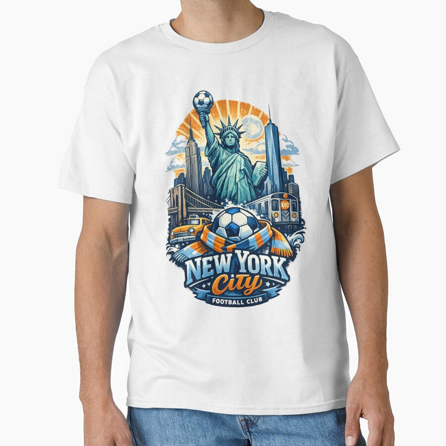 New York City Football Design Statue of Liberty Soccer Fan Art NYC Skyline Shirt USA Sports Graphic Tee Gift for Football Fans by GarnerSupplyCo
