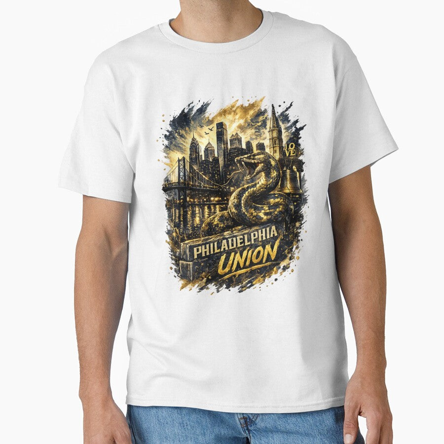 Philadelphia Union Soccer Design Snake Graphic Shirt Philly Skyline Football Fan Art Gold Black Sports Tee Gift for Soccer Lovers by GarnerSupplyCo