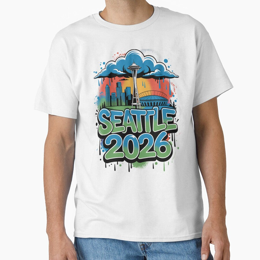 Seattle 2026  Space Needle Stadium Skyline T-Shirt V8 by DarylWelsh2024
